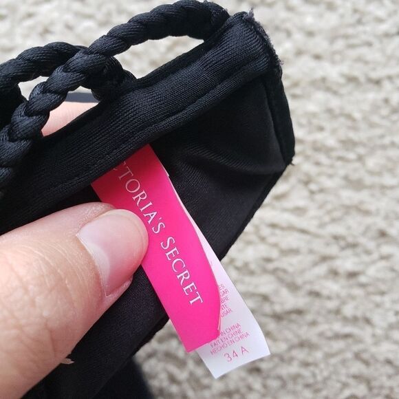 VICTORIA'S Secret Black Bandeau Pushup Wired Braided Back Bikini Top Size 34A - Picture 5 of 6